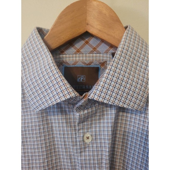 Tattersall London Mens Long Sleeve Dress Shirt Blue Brown 17 34/35 Contrast - Picture 3 of 6